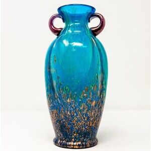 Dale Tiffany Vase Art Glass Teal Blue and Copper Applied Handles 9.5" Tall